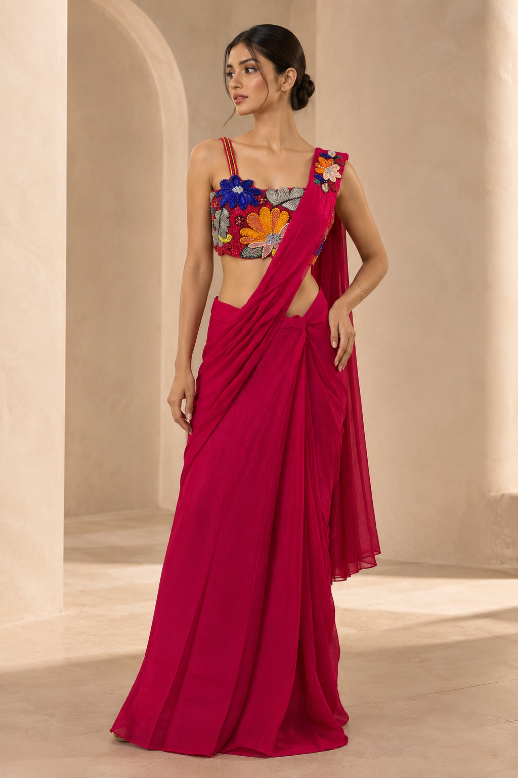 Fuchsia Pink Georgette Saree with Multicolour Floral Embroidered Blouse — Sarees | Lehar Clothing UAE