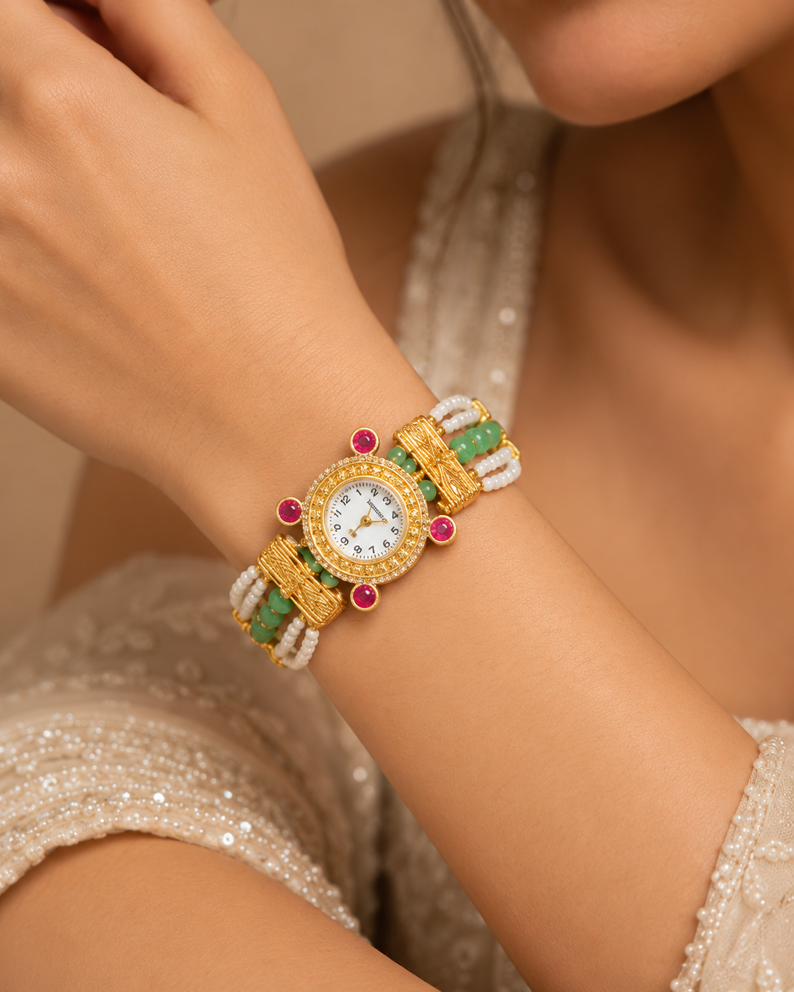 Pearl Bead Jewelry Watch for Women - Gold Tone Indian Bracelet Watch — Jewellery | Lehar Clothing UAE