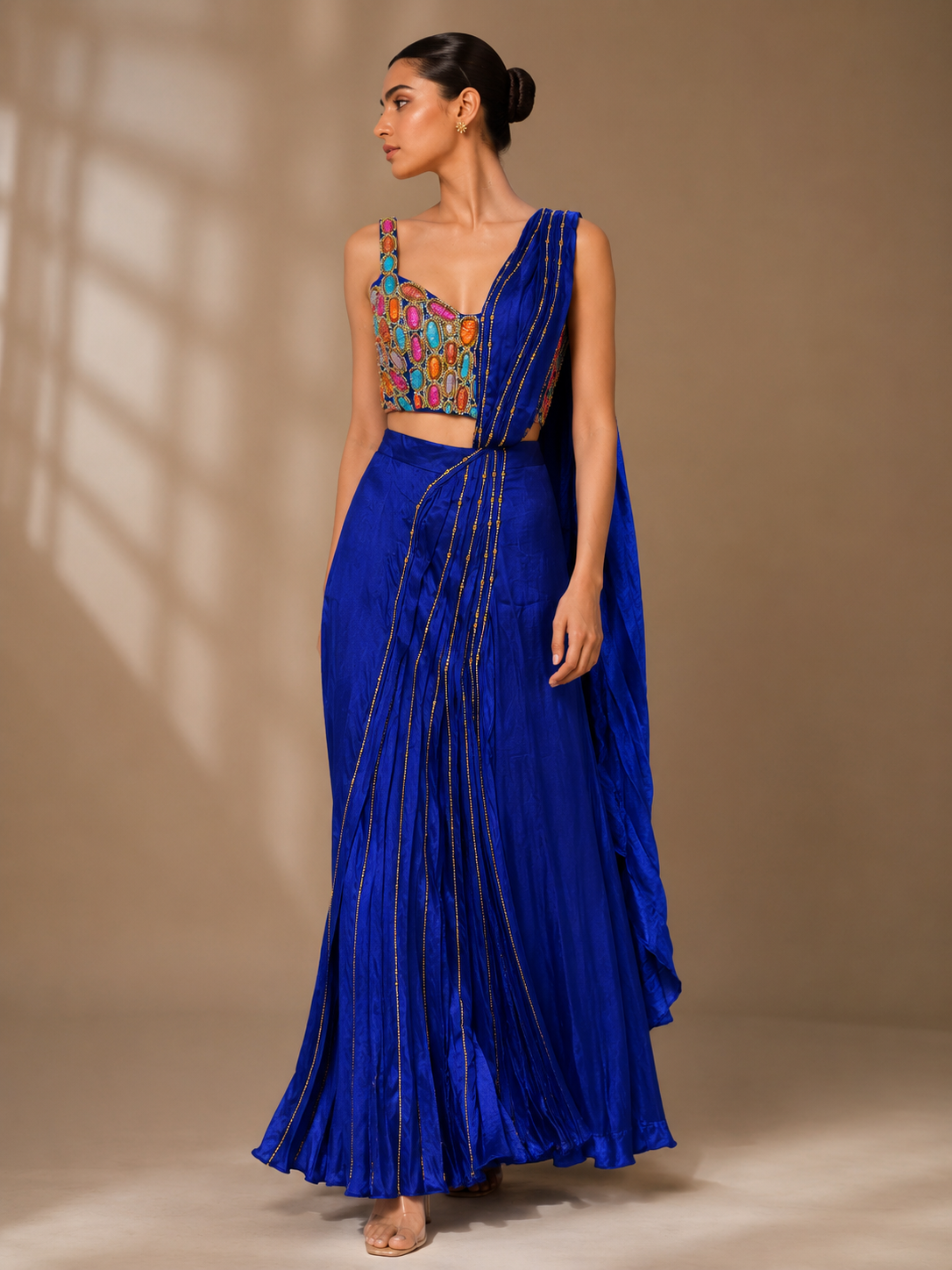 Women's Royal Blue Saree with Multicolour Embellished Blouse Set — Sarees | Lehar Clothing UAE