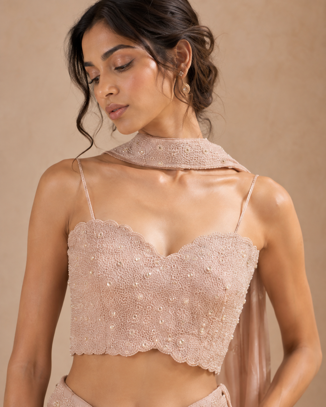 Women’s Blush Beige Draped Skirt Set with Embellished Crop Top & Dupatta — Fusion wear — view 2 | Lehar Clothing UAE