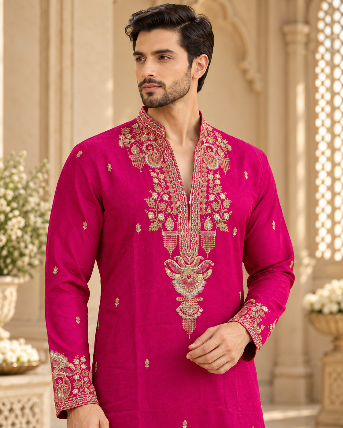 Men’s Fuchsia Pink Embroidered Kurta Pajama Set with Matching Dupatta — Kurta Sets — view 2 | Lehar Clothing UAE
