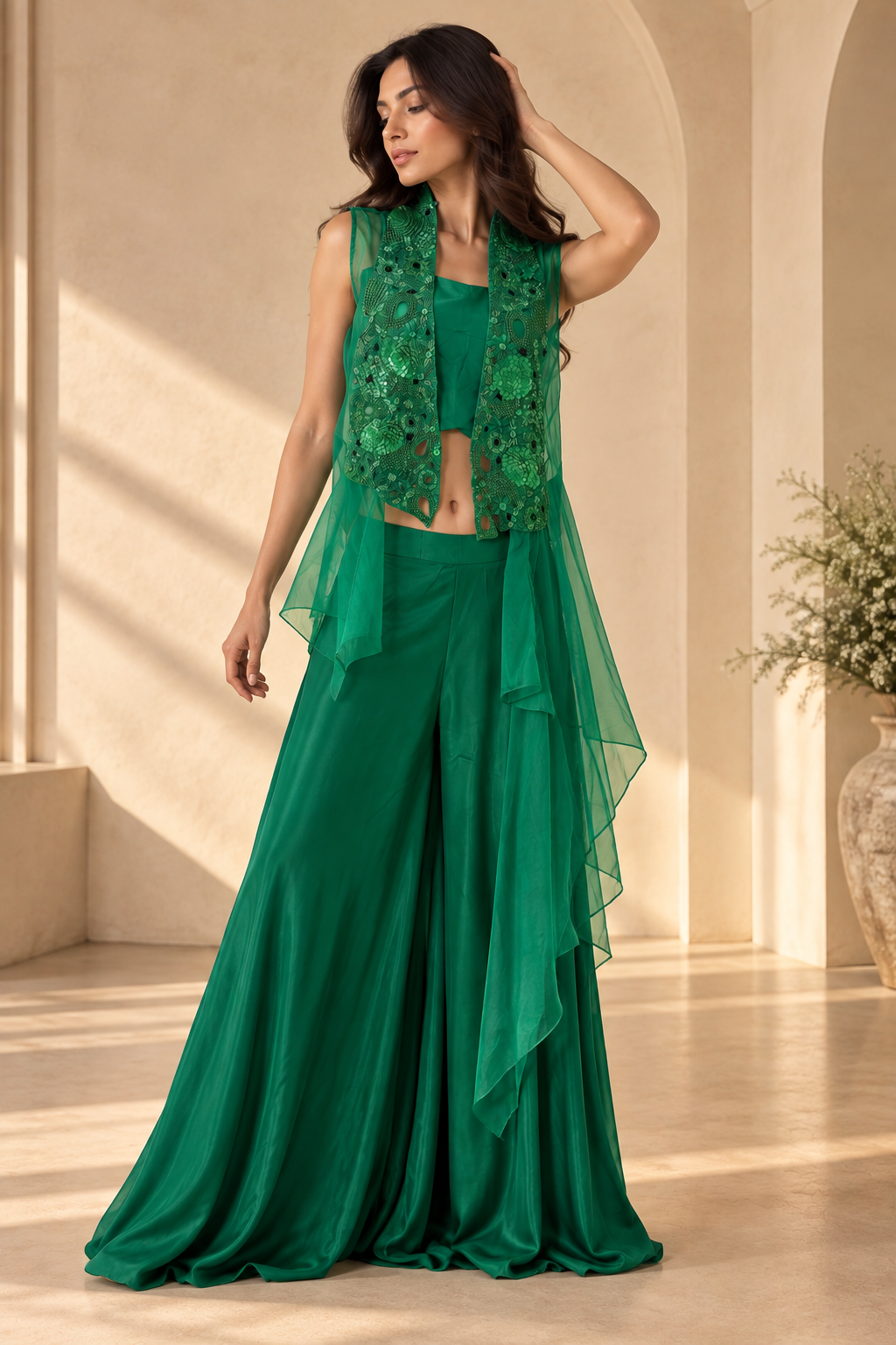 Emerald Green Embroidered Cape Jacket with Crop Top & Wide-Leg Palazzo Pants Indo-Western Set — Palazzo Sets — view 2 | Lehar Clothing UAE