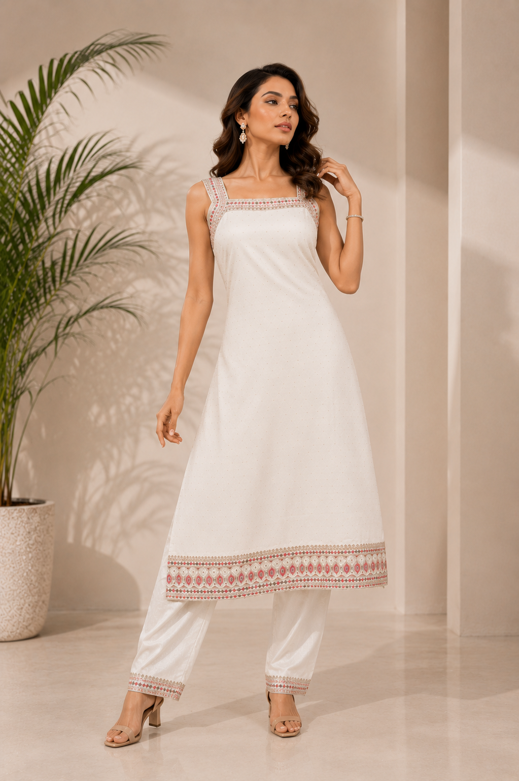 Ivory Square-Neck Embellished Straight Kurti with Matching Trousers and Bordered Dupatta — Kurta Sets — view 3 | Lehar Clothing UAE