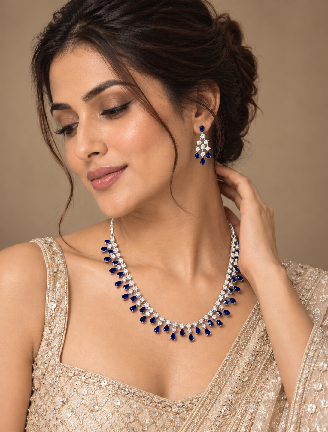 Sapphire Blue Teardrop Necklace & Earring Set – Silver-Tone Evening Jewelry — Jewellery | Lehar Clothing UAE