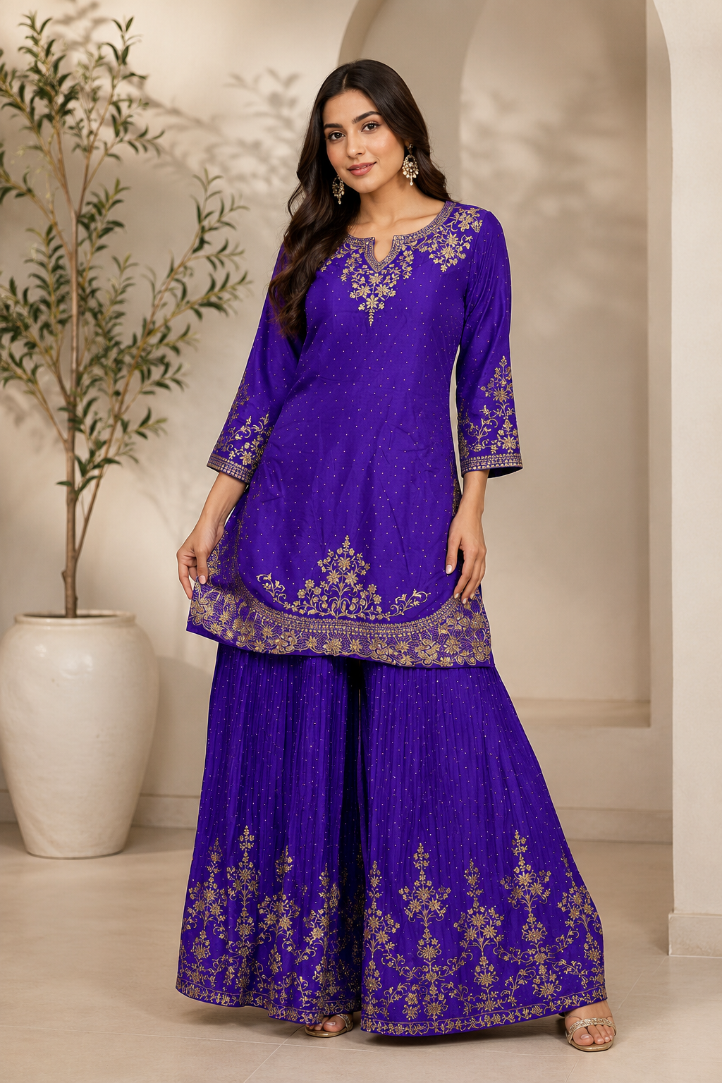 Dark Plum Embroidered Cotton Blend Kurta Sharara Set with Organza Dupatta — Sharara Set | Lehar Clothing UAE