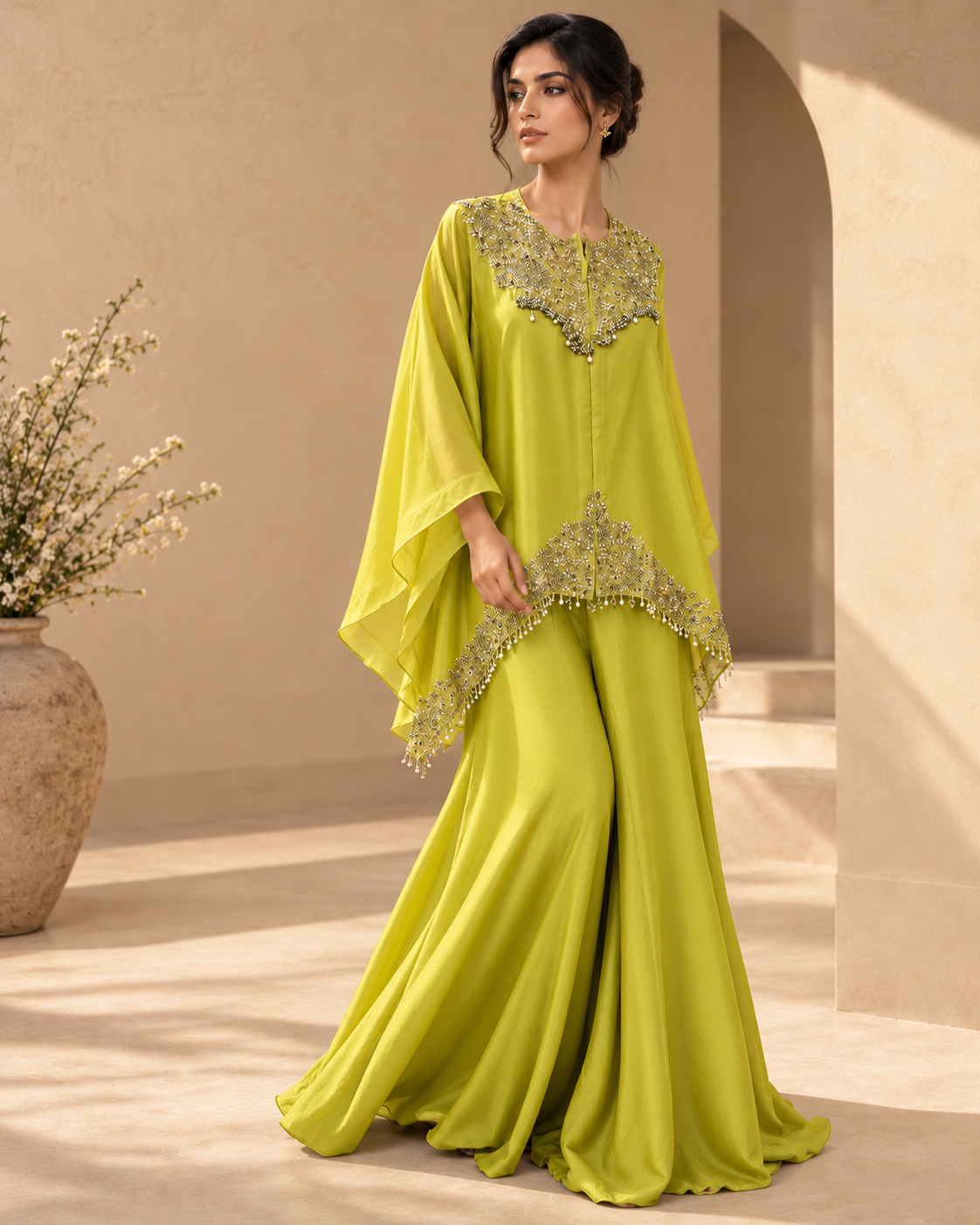 Women's Lime Green Silver Embroidered Kaftan Top & Flared Palazzo Pants Co-Ord Set — Palazzo Sets — view 2 | Lehar Clothing UAE