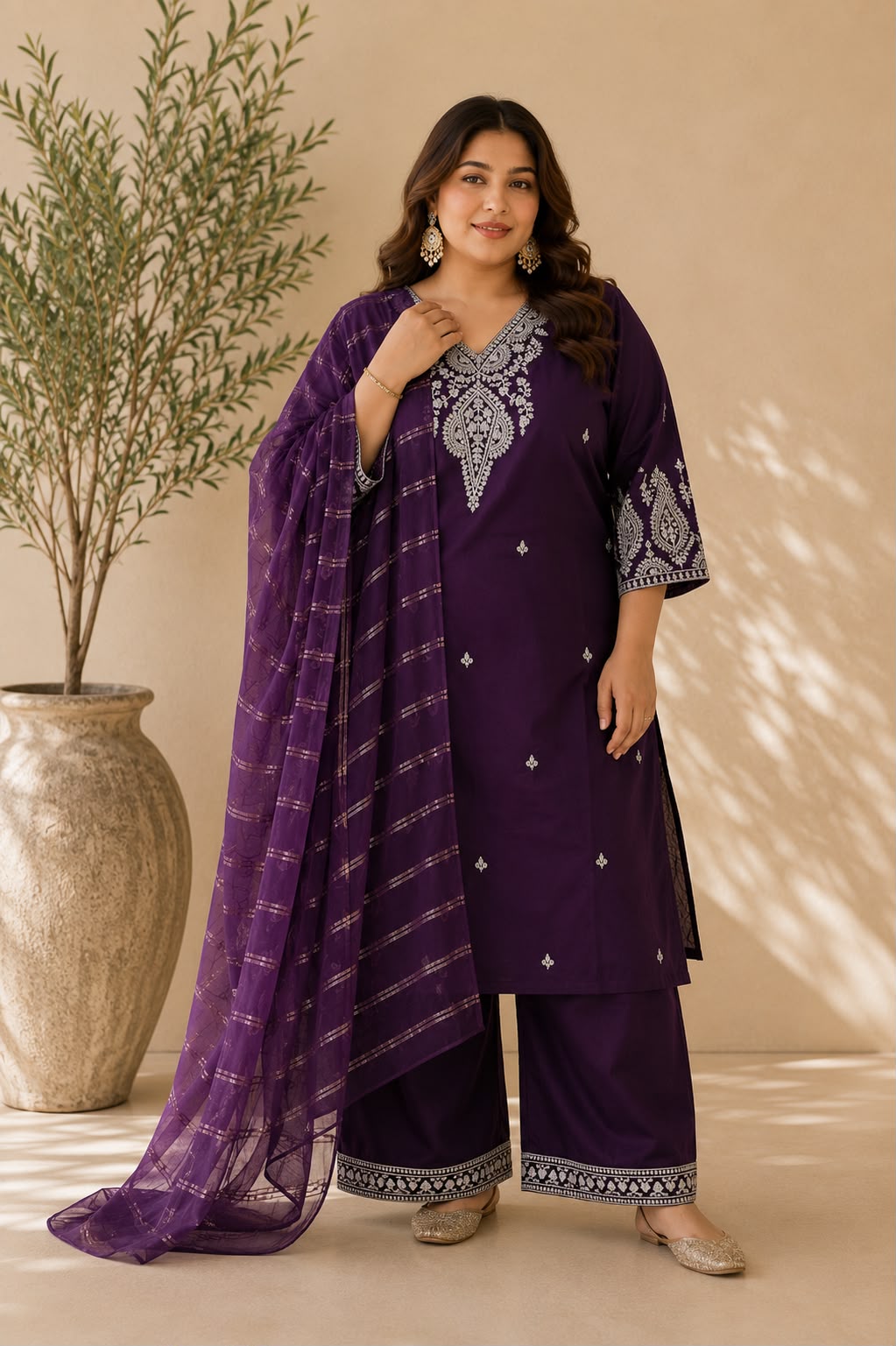 Purple Muslin Cotton Embroidered Kurta Set with Organza Dupatta — Kurta Sets | Lehar Clothing UAE