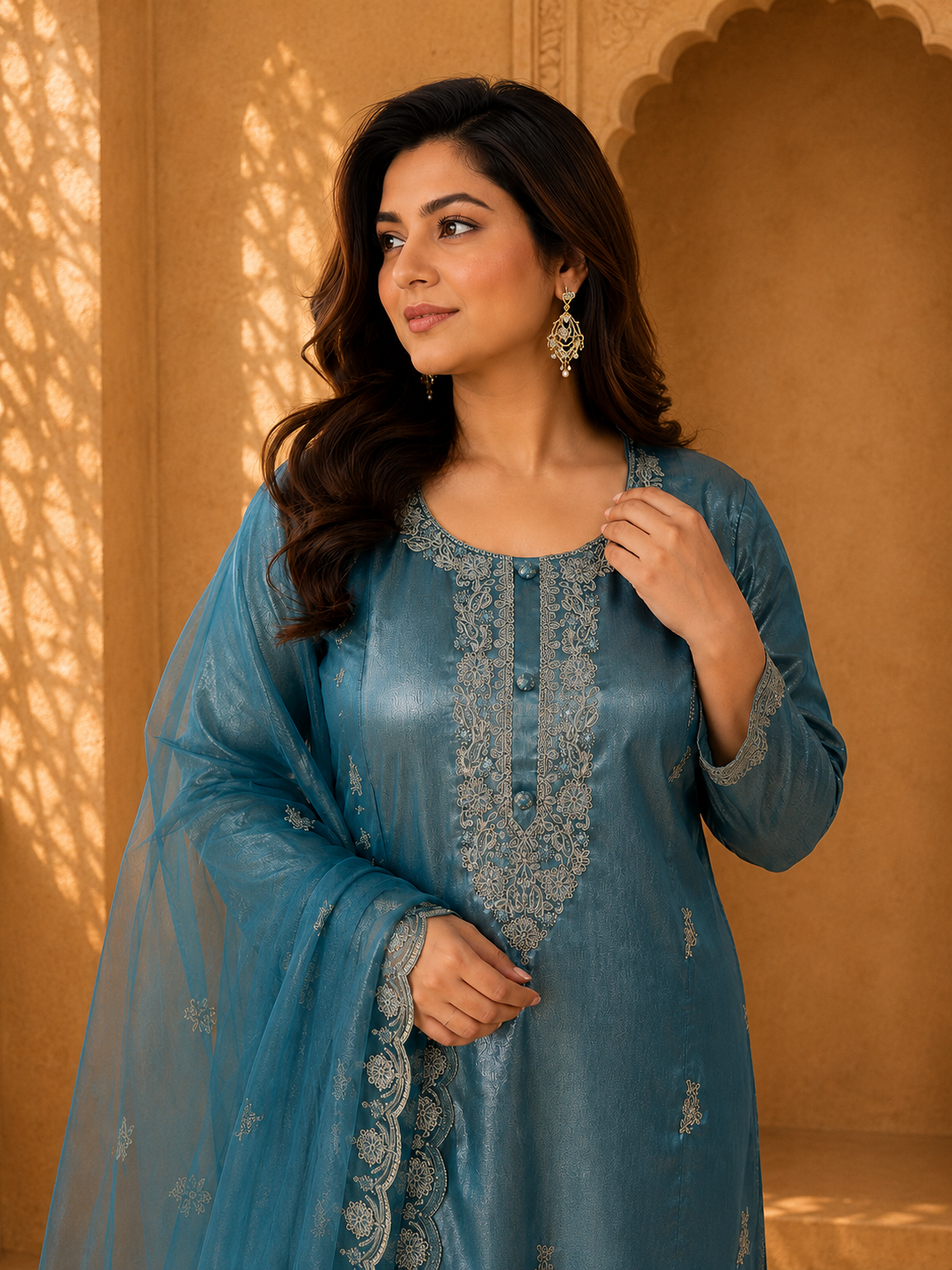 Women's Plus Size Teal Blue Embroidered Silk-Blend Kurta Set with Net Dupatta — Kurta Sets - Plus Size — view 3 | Lehar Clothing UAE