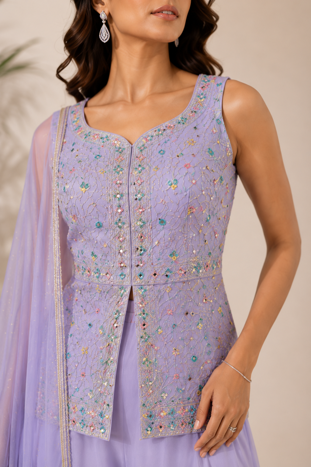 3-Piece Purple Floral Embellished Sleeveless Sharara Set — Sharara Set — view 3 | Lehar Clothing UAE