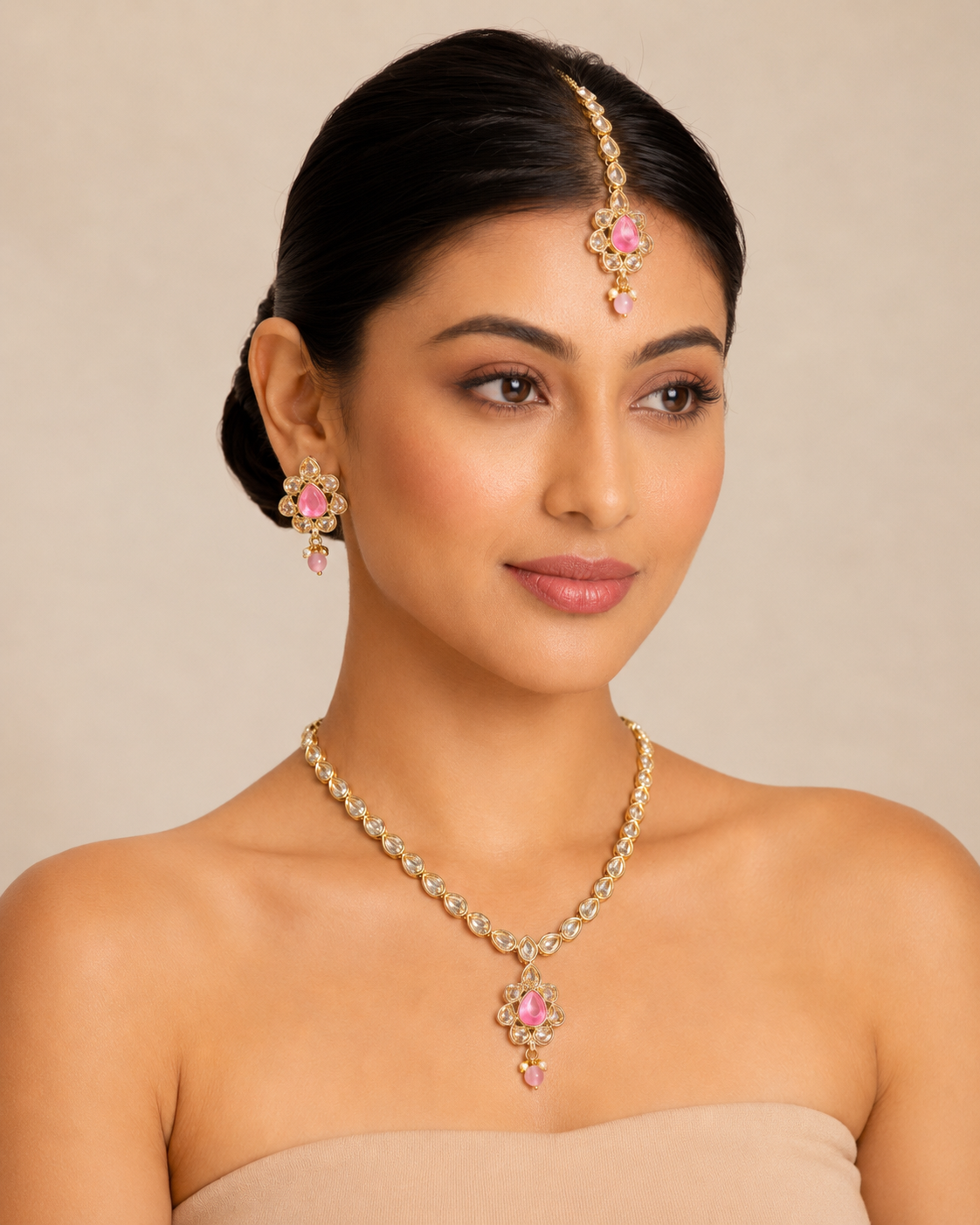 Pink Kundan Necklace Set with Maang Tikka - Gold Tone Indian Bridal — Jewellery — view 2 | Lehar Clothing UAE