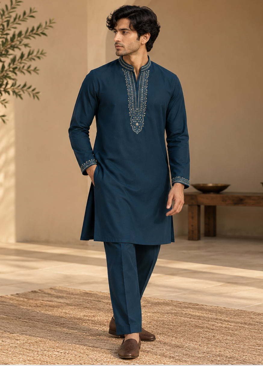Men’s Deep Teal Blue Kurta Set with Intricate Gold Thread Embroidery & Matching Straight Pants — Kurta Sets | Lehar Clothing UAE