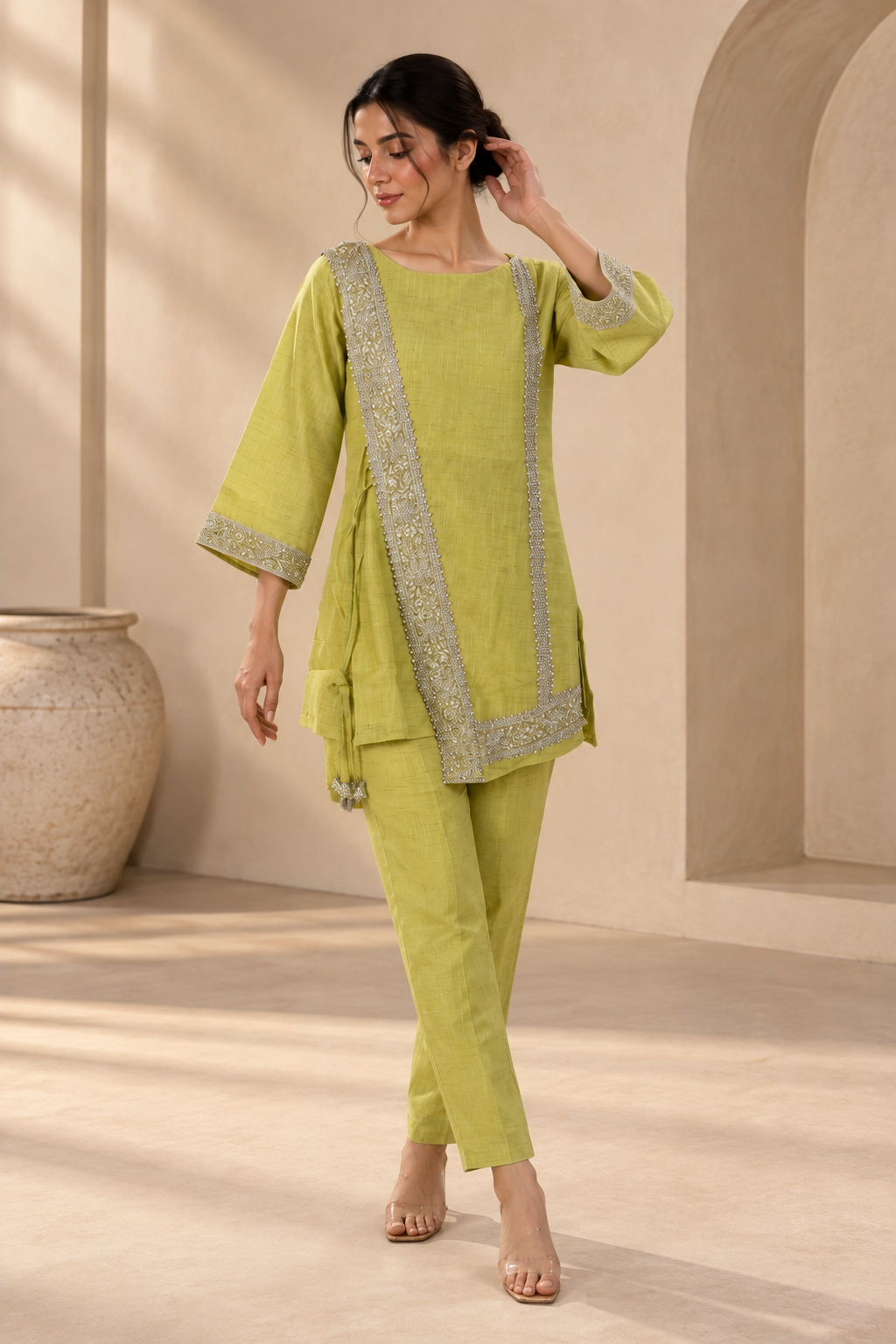 Lime Green Embellished Kurta & Straight Pants Set — Kurta Sets | Lehar Clothing UAE