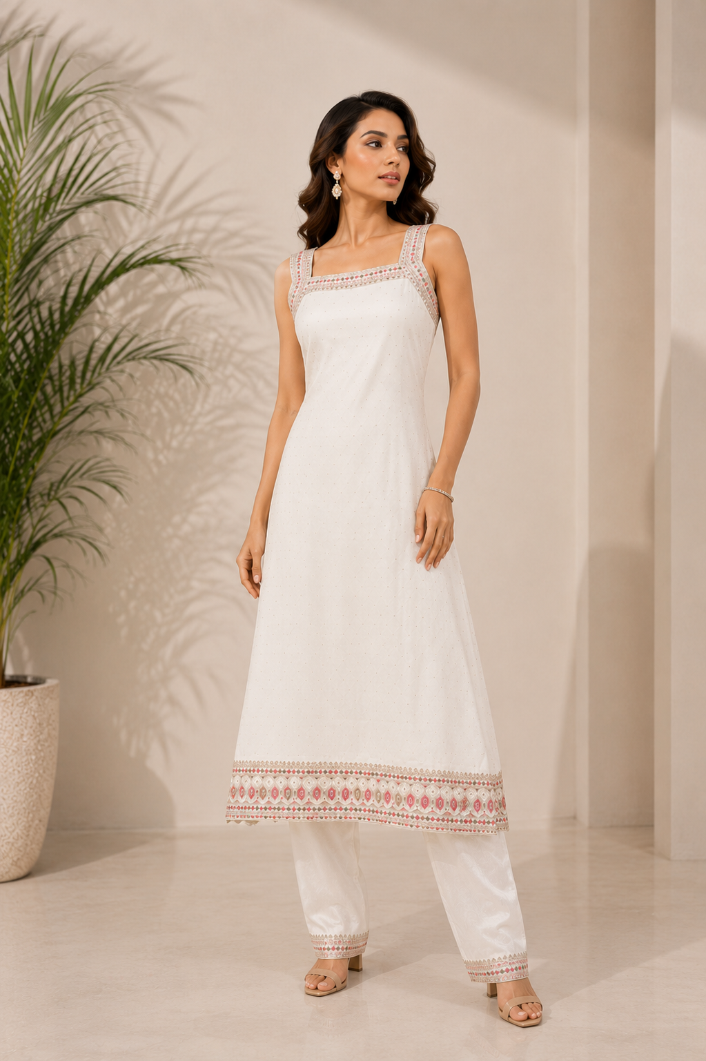 Ivory Square-Neck Embellished Straight Kurti with Matching Trousers and Bordered Dupatta — Kurta Sets — view 2 | Lehar Clothing UAE