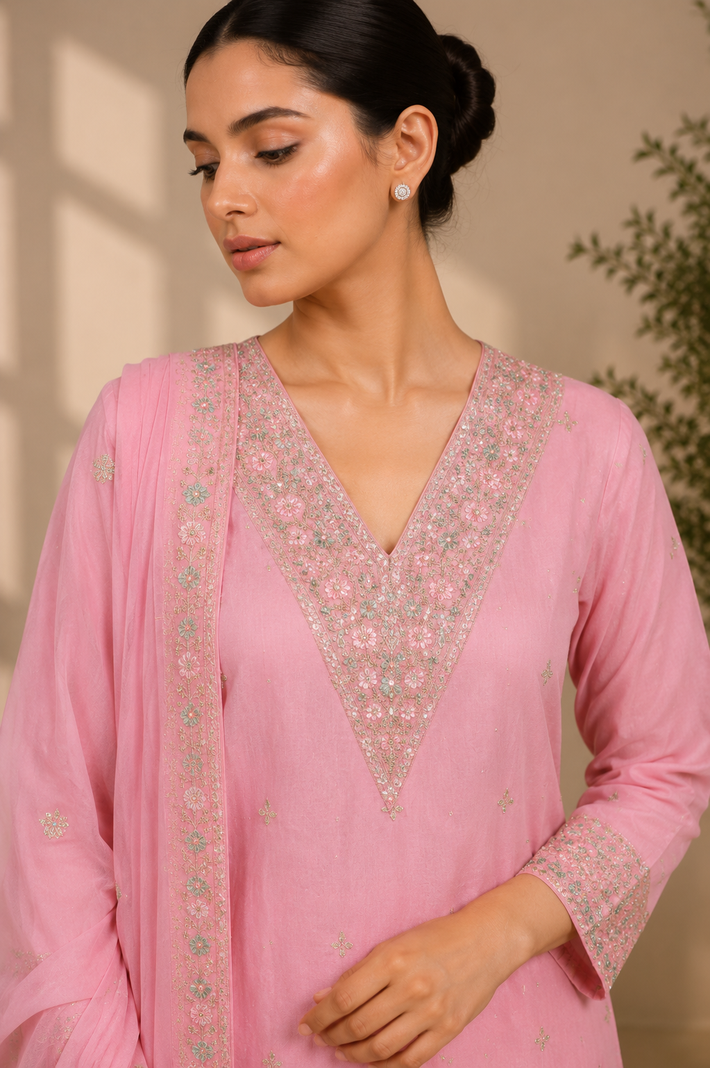 Baby Pink Embroidered Kurta Set with Dupatta — Kurta Sets — view 3 | Lehar Clothing UAE