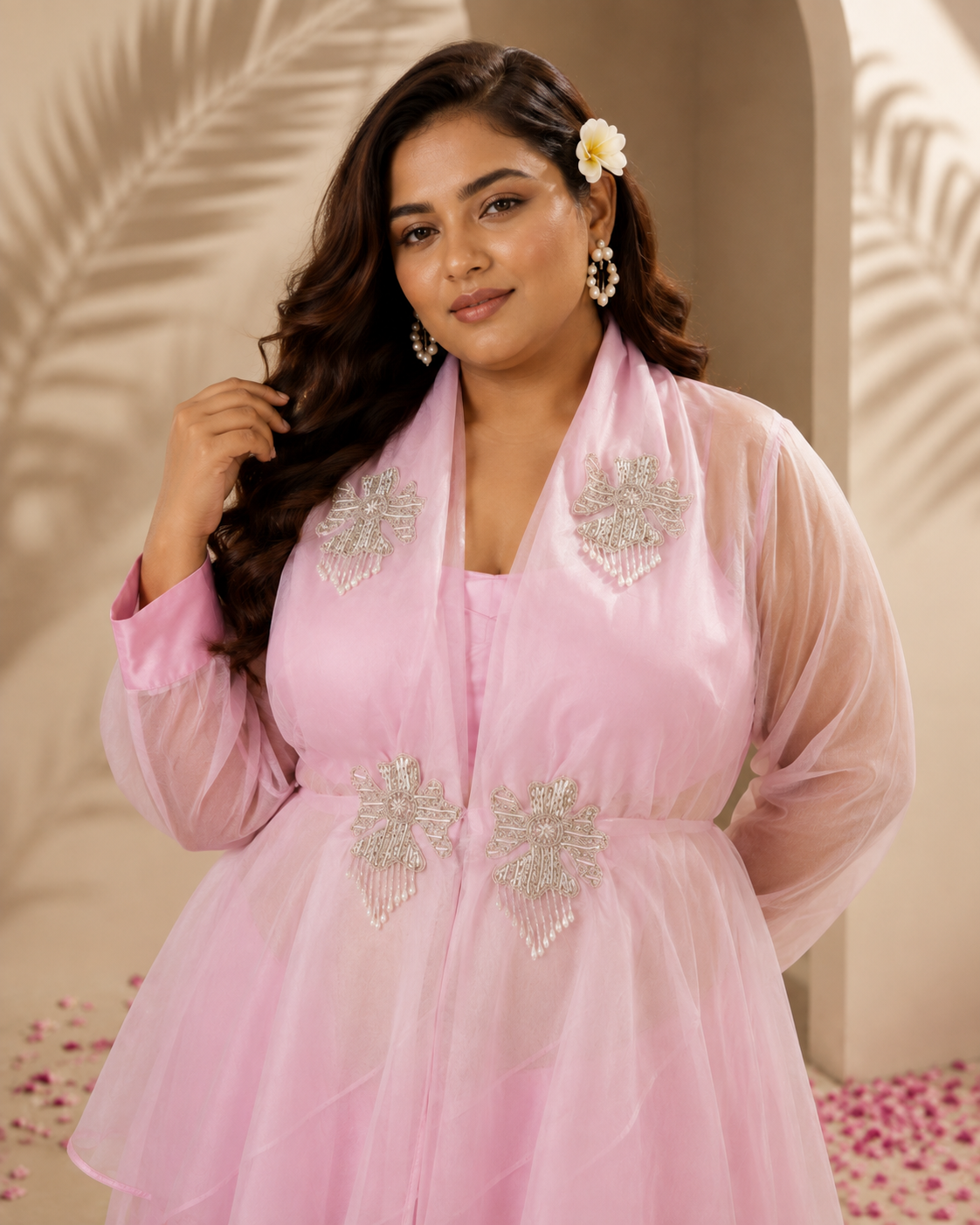 Blush Pink Embellished Organza Peplum Co-Ord Set with Satin Wide-Leg Trousers — Co-ord Set — view 2 | Lehar Clothing UAE