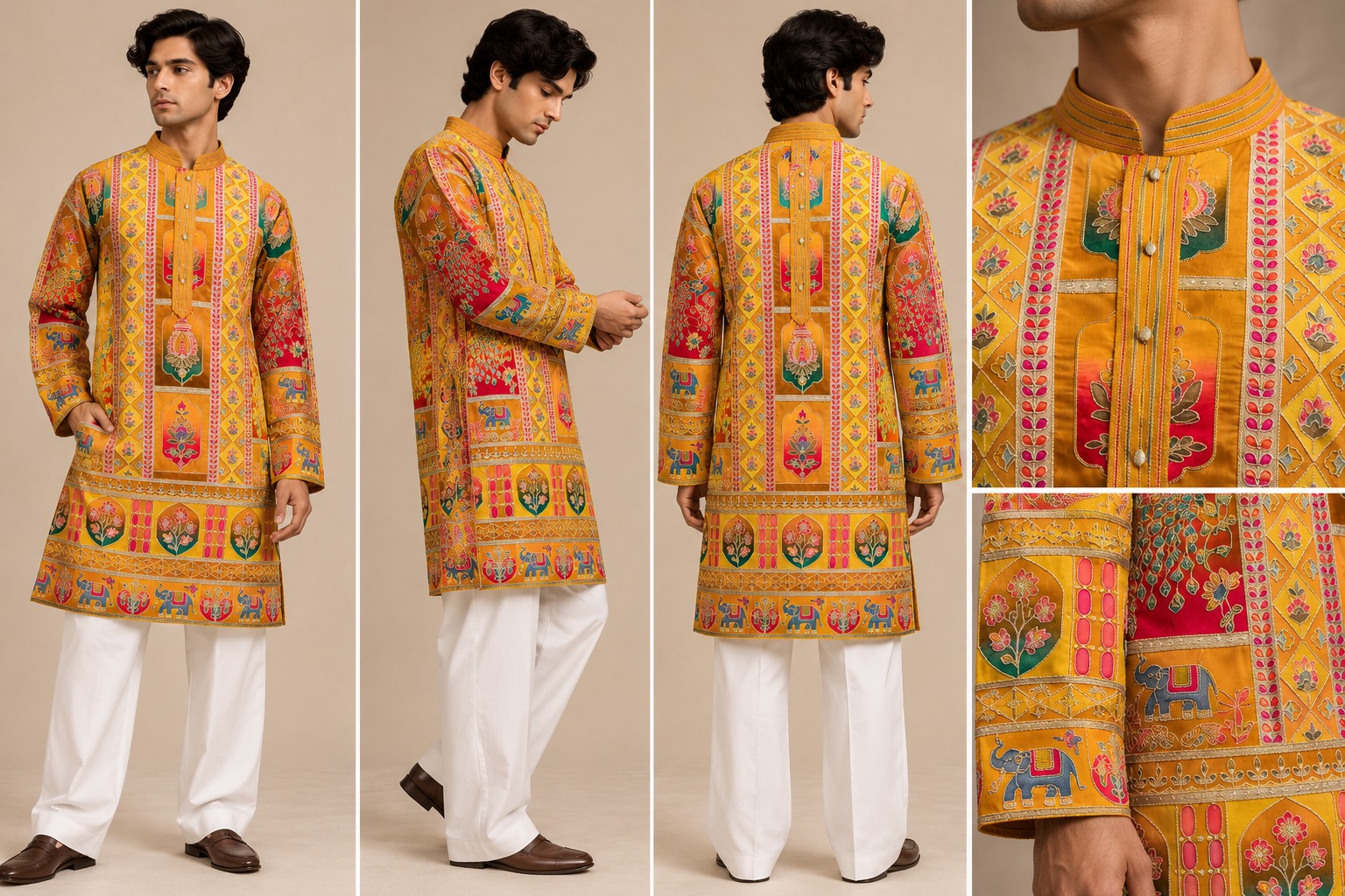 Men’s Mustard Yellow Multicolour Traditional Elephant & Floral Print Kurta with White Straight Pants — Kurta Sets — view 2 | Lehar Clothing UAE