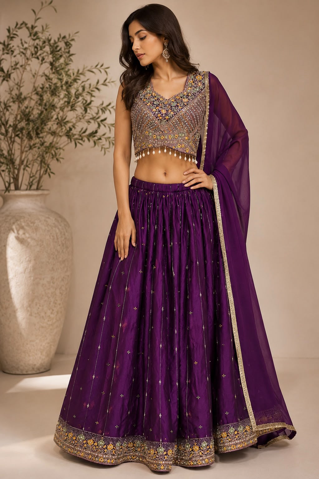 Women's Purple Georgette Printed Lehenga Set with Embellished Blouse & Net Dupatta — Lehenga — view 3 | Lehar Clothing UAE
