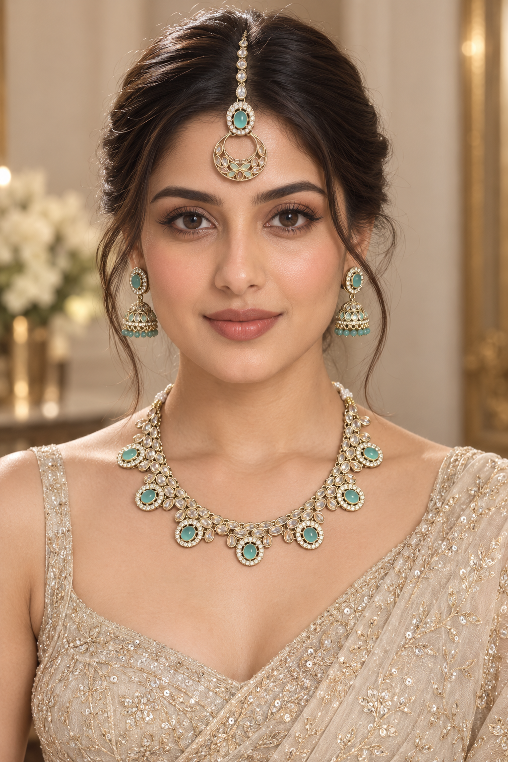 Mint Green Kundan Necklace Set with Jhumka Earrings & Maang Tikka – Indian Bridal Jewelry — Jewellery | Lehar Clothing UAE