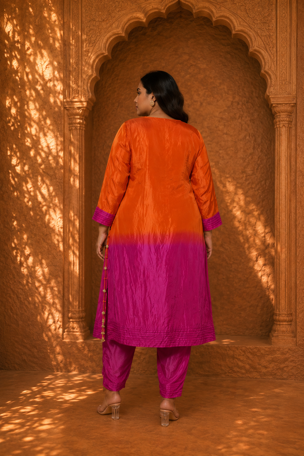Orange Ombre Embroidered Straight Kurta with Cigarette Pants Set — Kurta Sets - Plus Size — view 2 | Lehar Clothing UAE