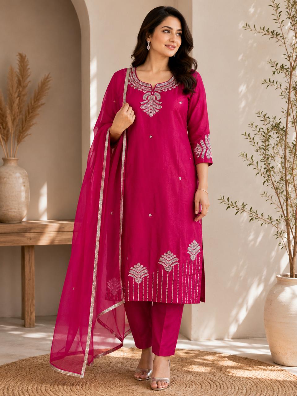 Fuchsia Pink 3-Piece Salwar Suit with Silver Motif Embroidery — Kurta Sets — view 2 | Lehar Clothing UAE