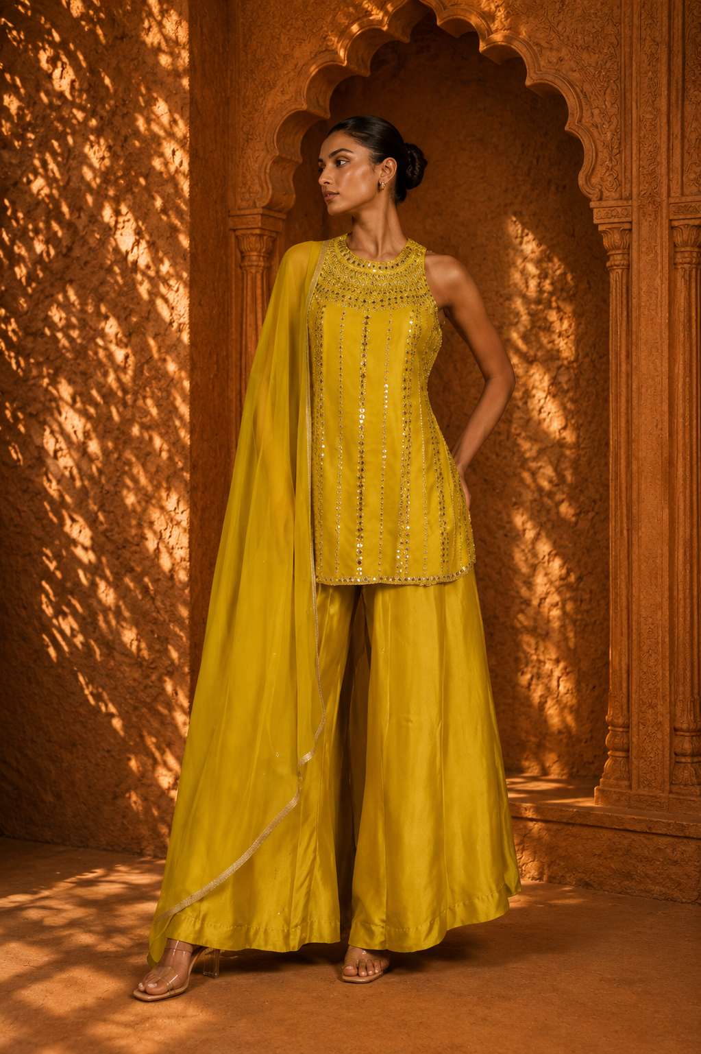 Women's Mustard Yellow Embellished Kurta with Wide-Leg Palazzo Pants & Dupatta Set — Sharara Set — view 2 | Lehar Clothing UAE