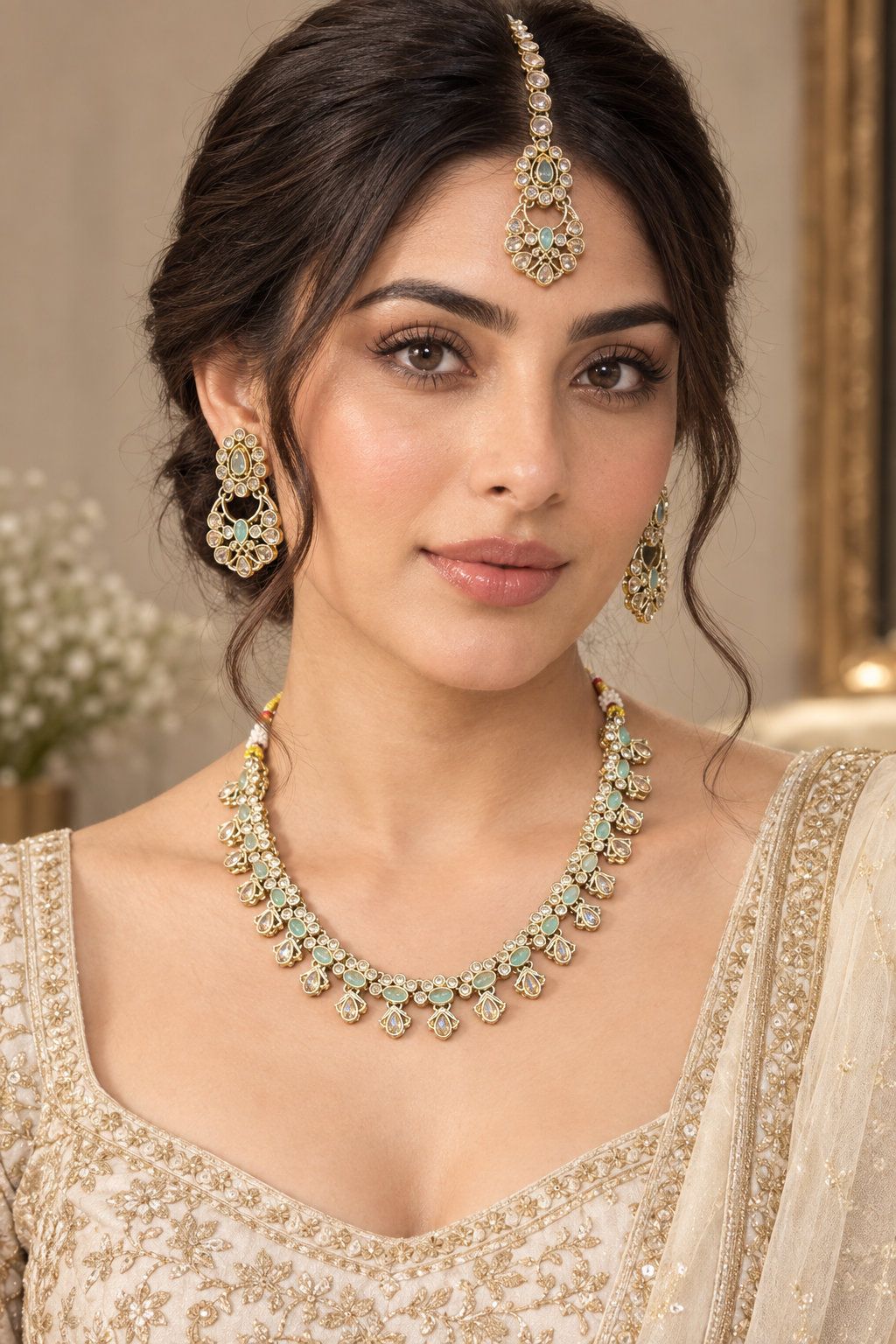 Mint Green Kundan Necklace Set with Filigree Earrings & Maang Tikka – Indian Bridal Jewelry — Jewellery | Lehar Clothing UAE