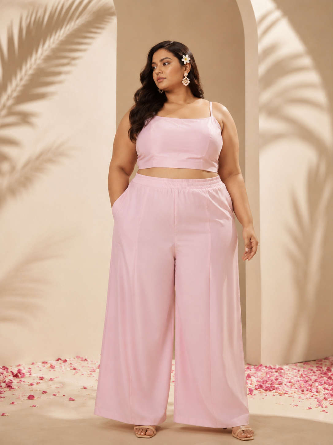 Blush Pink Embellished Organza Peplum Co-Ord Set with Satin Wide-Leg Trousers — Co-ord Set — view 3 | Lehar Clothing UAE
