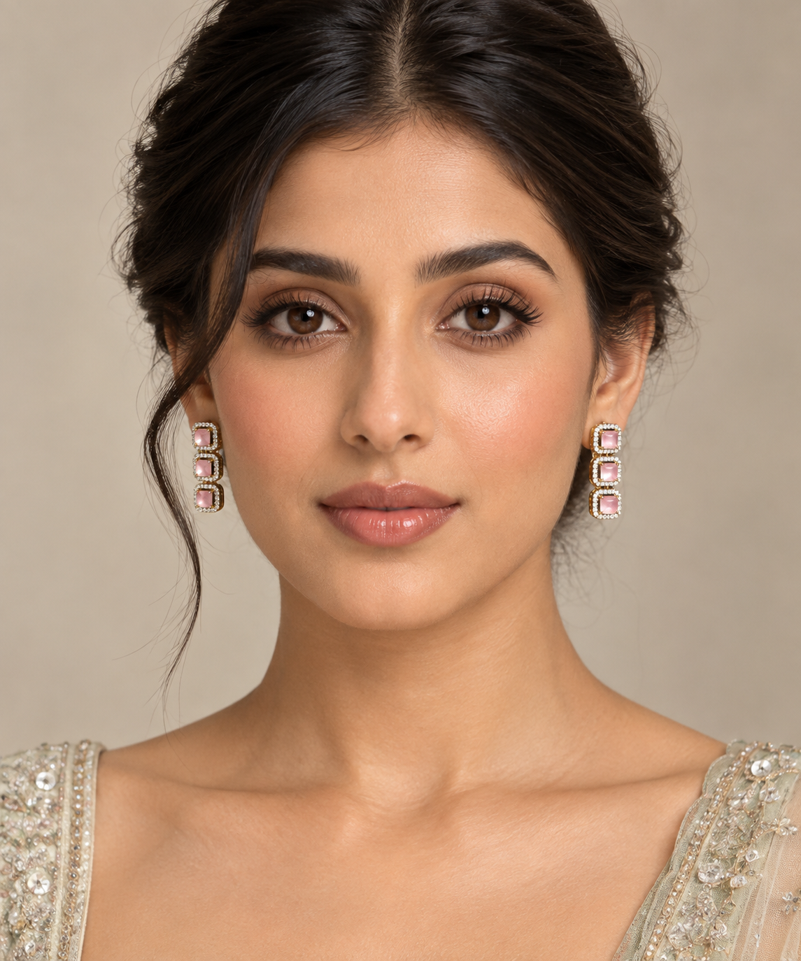 Baby Pink Square Halo Earrings - Gold Tone Party & Wedding Fashion Jewelry — Jewellery — view 2 | Lehar Clothing UAE