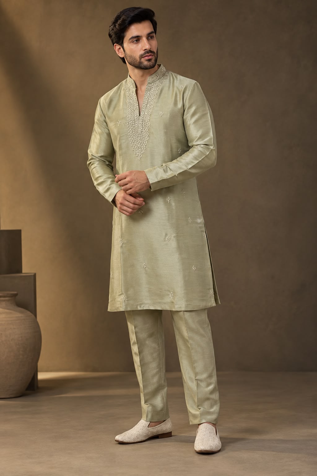 Beige Embroidered Silk Kurta with Ivory Straight Pants — Kurta Sets | Lehar Clothing UAE