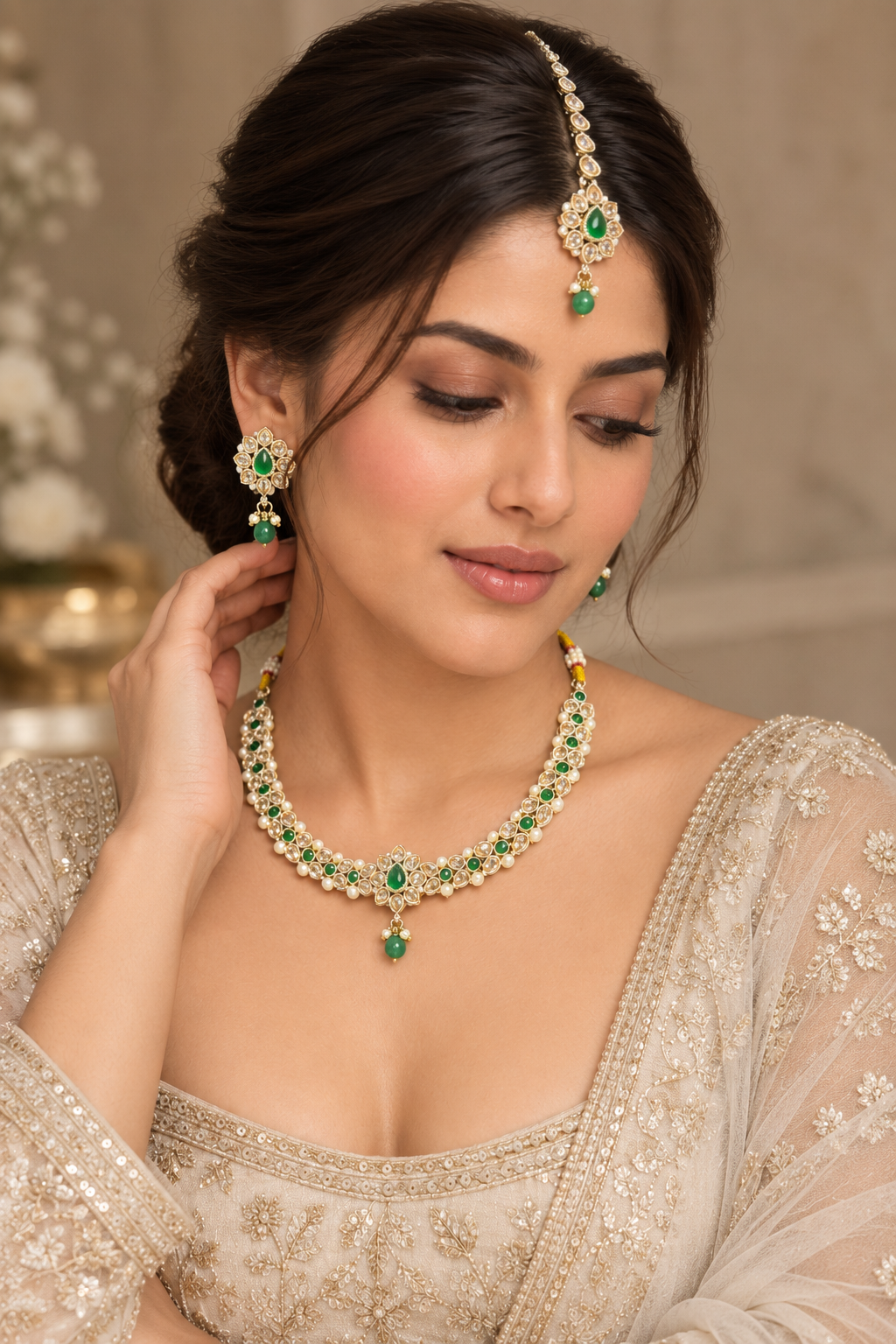 Emerald Green Kundan & Pearl Choker Set with Earrings & Maang Tikka – Indian Bridal Jewelry — Jewellery — view 2 | Lehar Clothing UAE