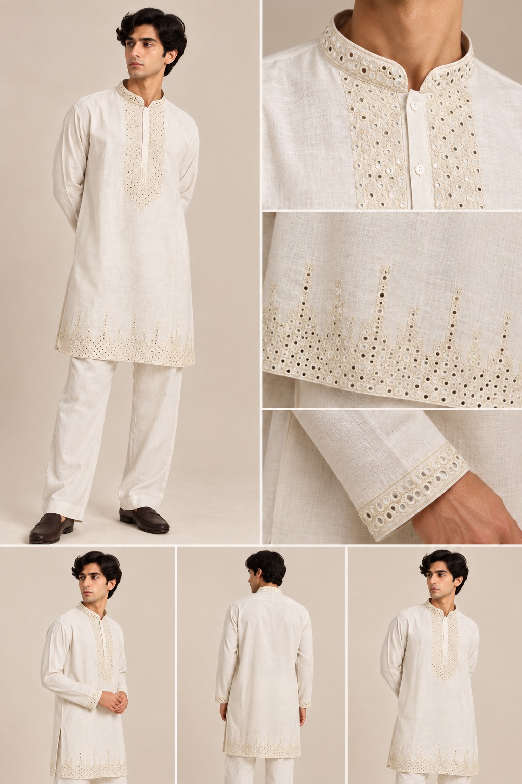 Men’s Ivory Mirror Work Embroidered Kurta Set with Matching Straight-Fit Pants — Kurta Sets — view 2 | Lehar Clothing UAE