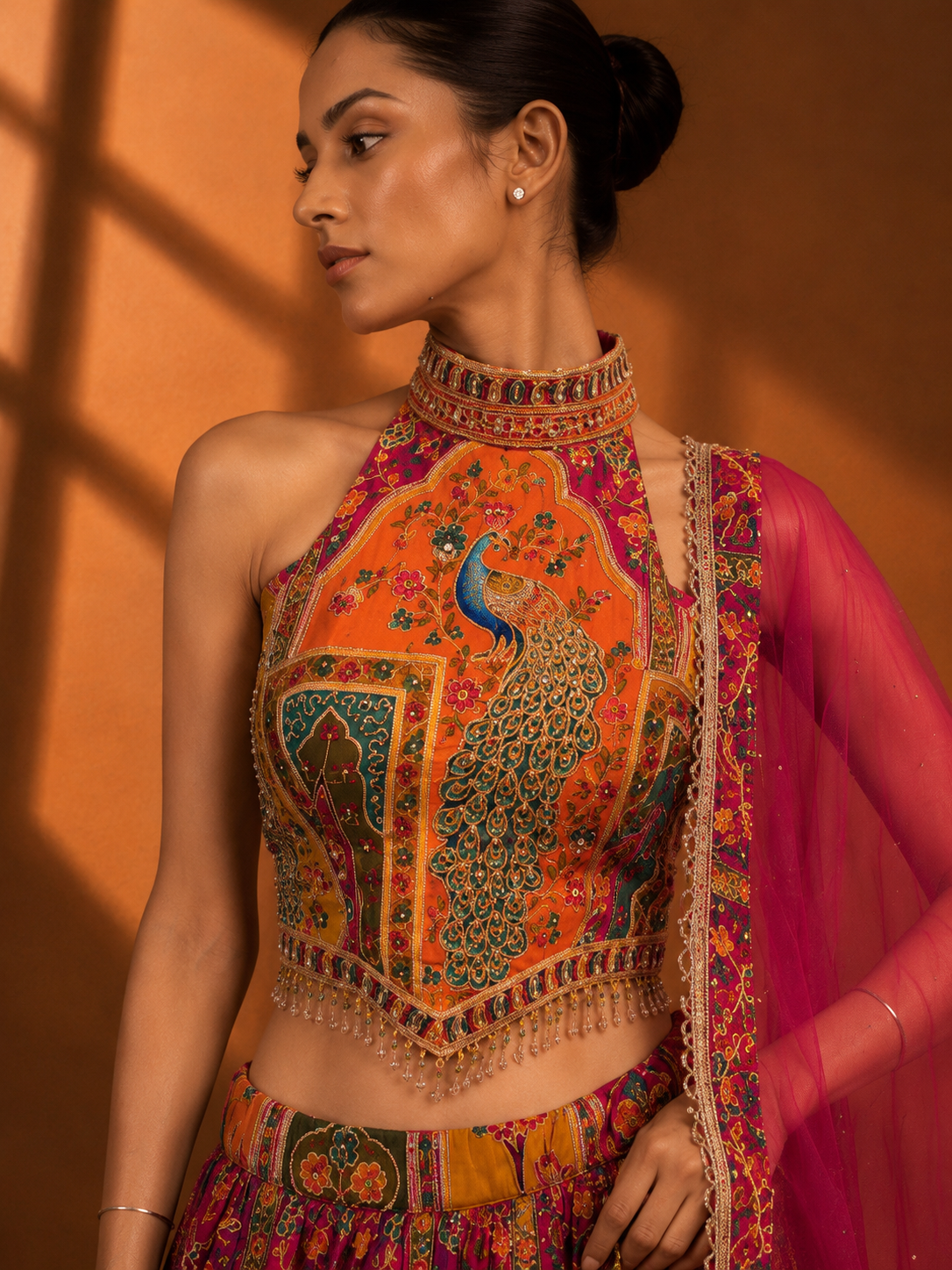 Women's Pink Peacock Print Lehenga Set with Embroidered Halter Blouse & Dupatta — Lehenga — view 2 | Lehar Clothing UAE