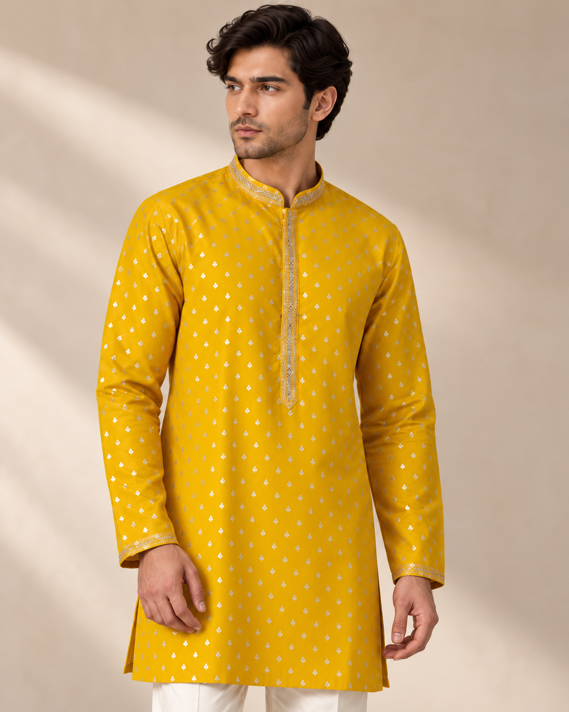 Yellow Embroidered Short Kurta with Wide leg Pants — Kurta Sets — view 3 | Lehar Clothing UAE