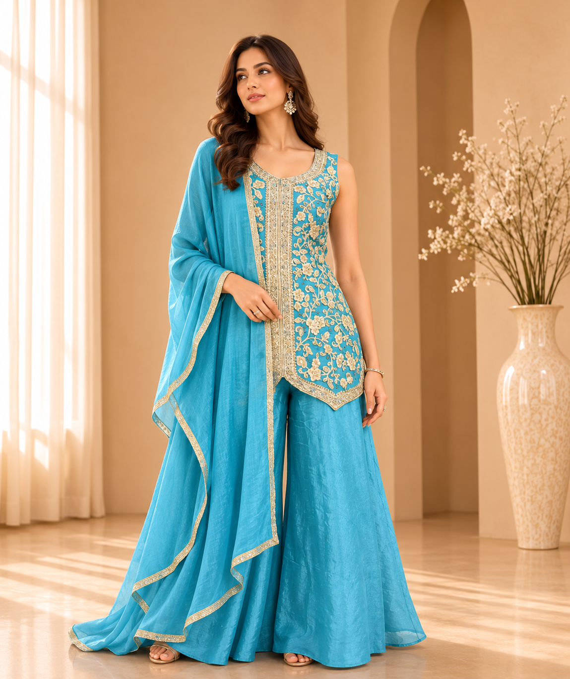 Women's Blue 3-Piece Embroidered Sharara Suit with Dupatta — Sharara Set | Lehar Clothing UAE