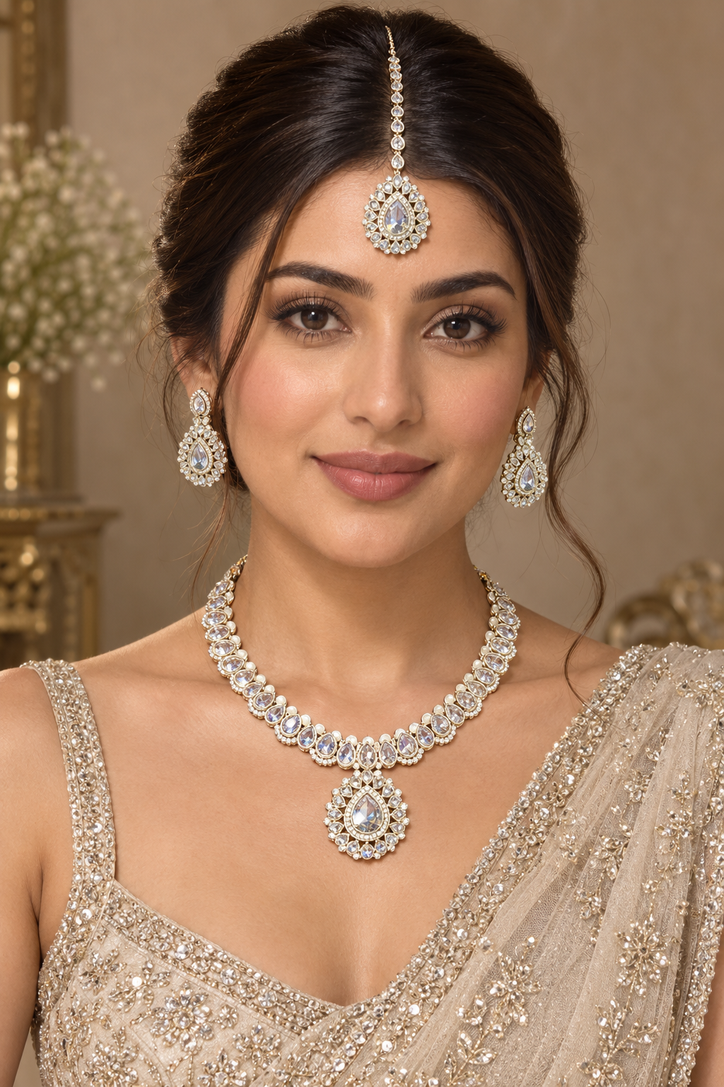 White Kundan & Pearl Choker Set with Teardrop Pendant, Earrings & Maang Tikka – Indian Bridal Jewelry — Jewellery — view 2 | Lehar Clothing UAE