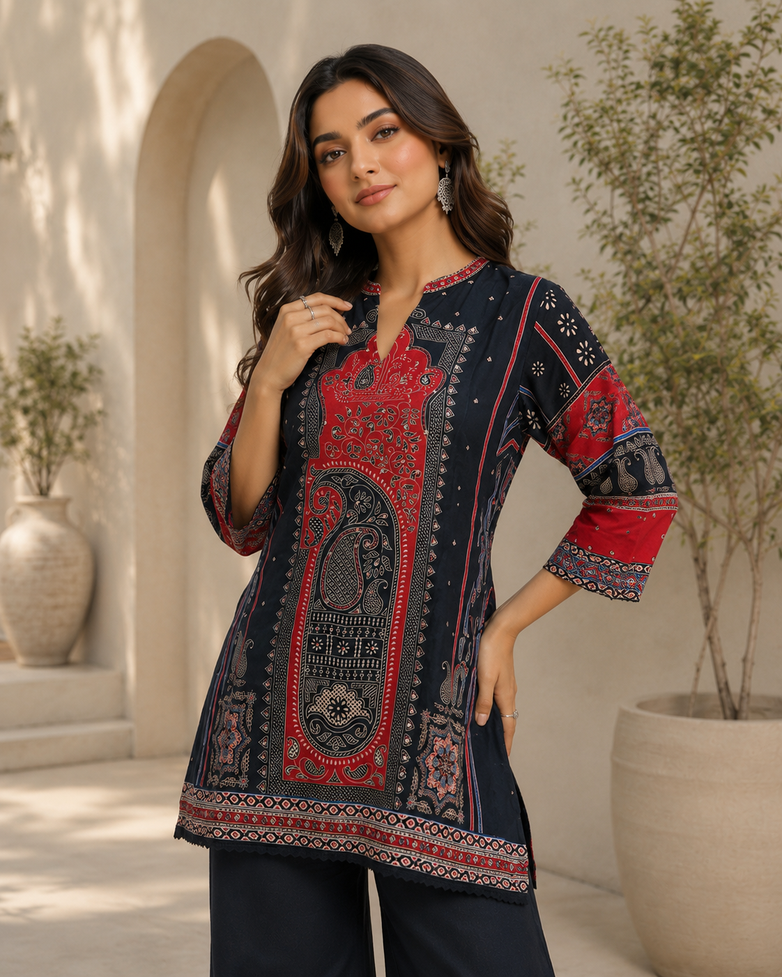 Women's Black Paisley Printed Co-Ord Set with Wide-Leg Palazzo Pants — Co-ord Set — view 3 | Lehar Clothing UAE