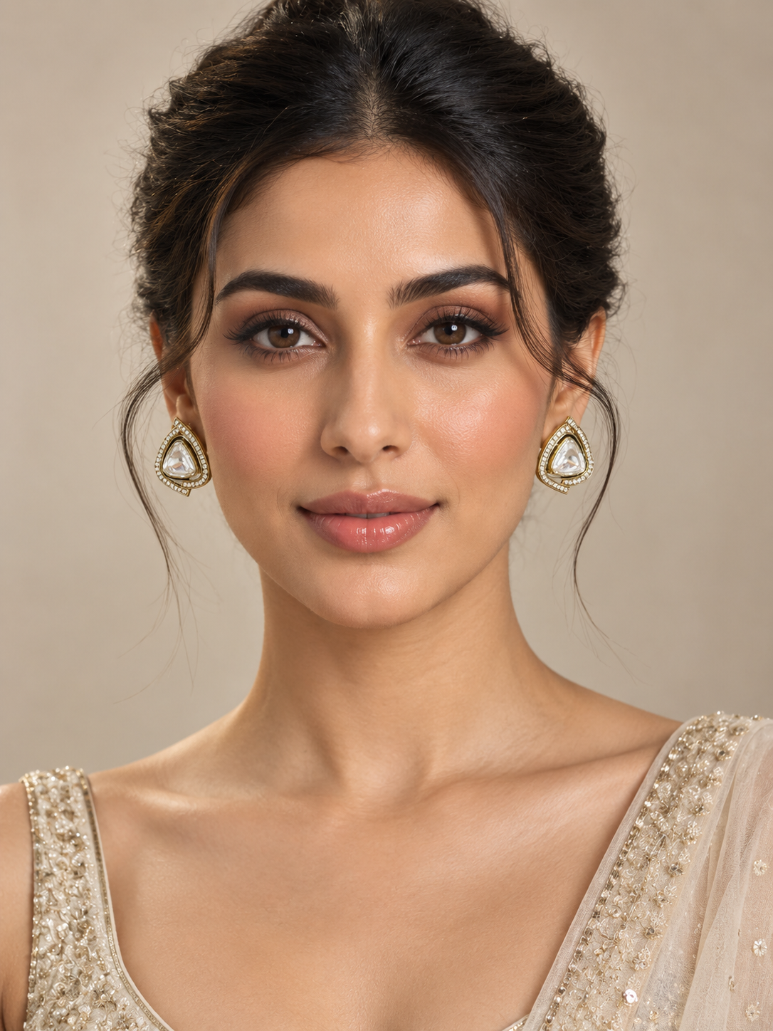 Polki-Style Triangle Stud Earrings – Gold-Tone Indian Minimal Jewelry — Jewellery — view 2 | Lehar Clothing UAE
