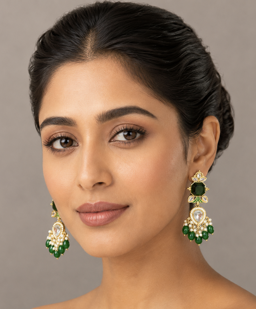 Women’s Emerald Green Kundan & Pearl Drop Earrings – Gold-Tone Traditional Imitation Jewellery — Jewellery — view 2 | Lehar Clothing UAE