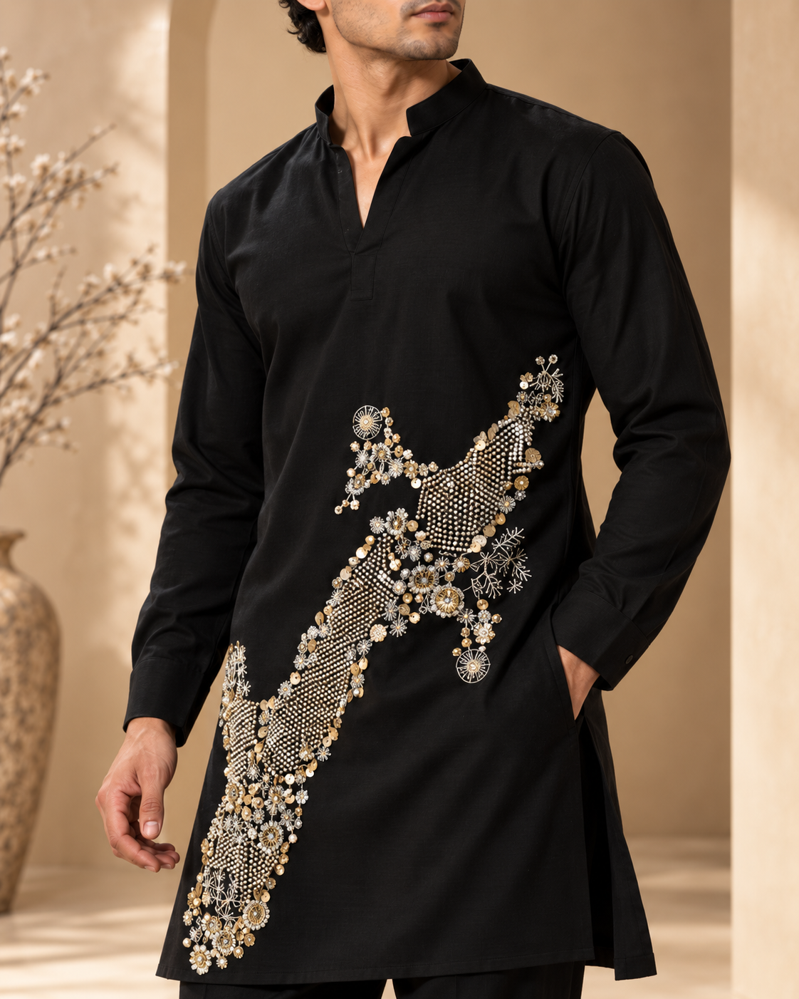 Men’s Black Pearl & Bead Embellished Kurta Pajama Set — Kurta Sets — view 2 | Lehar Clothing UAE