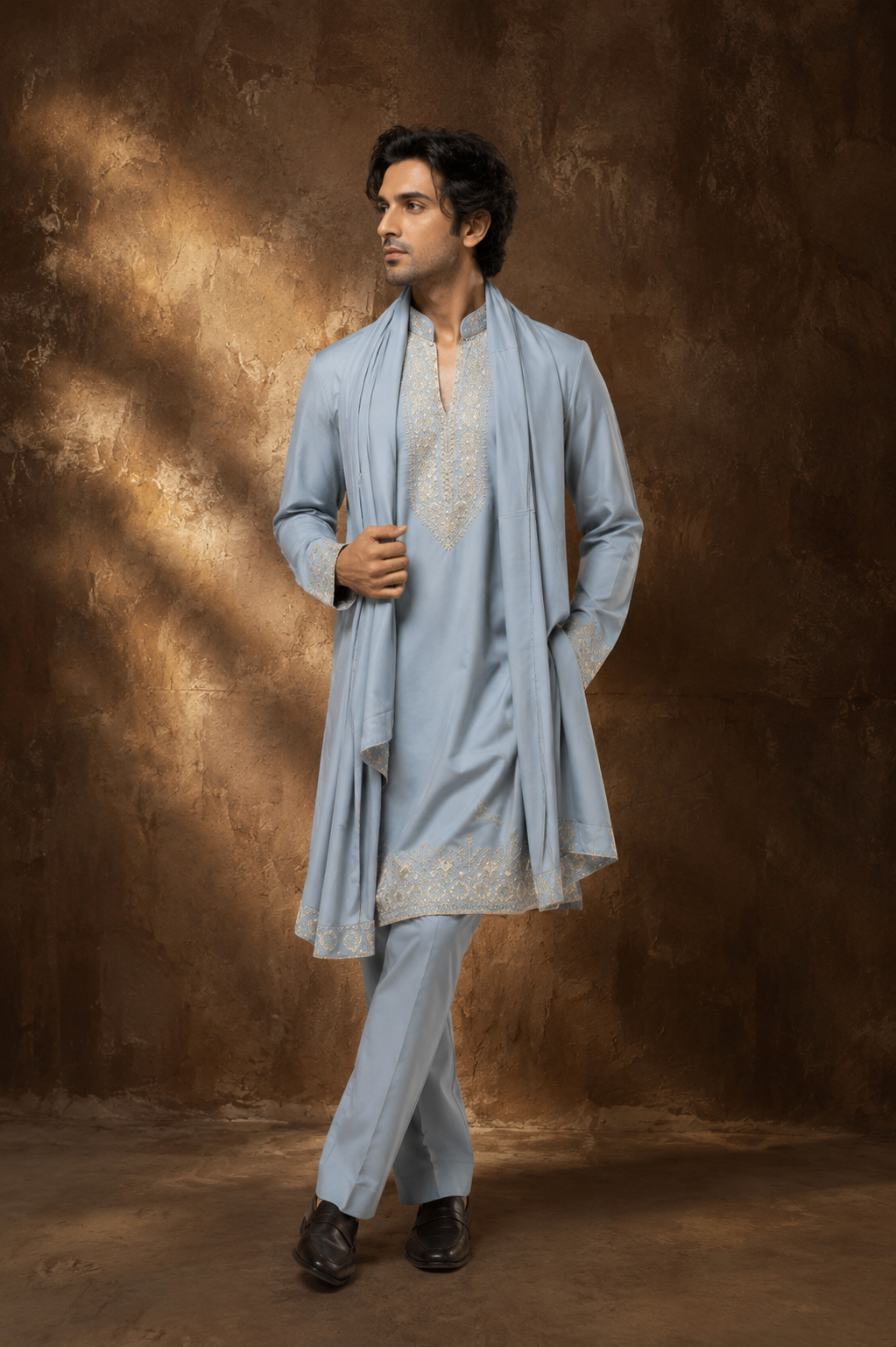 Men’s Powder Blue Embroidered Kurta Set with Matching Stole & Trousers — Kurta Sets — view 2 | Lehar Clothing UAE