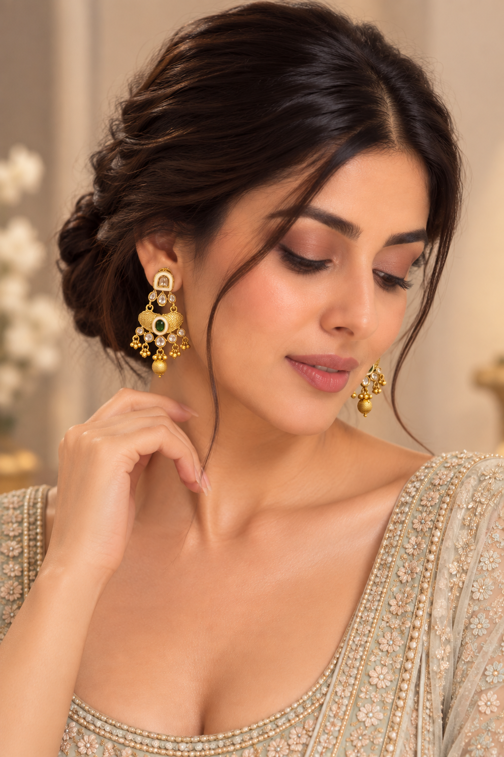 Antique Gold-Tone Polki Drop Earrings – Indian Wedding & Festive Fashion Jewelry with Green Stone — Jewellery — view 2 | Lehar Clothing UAE