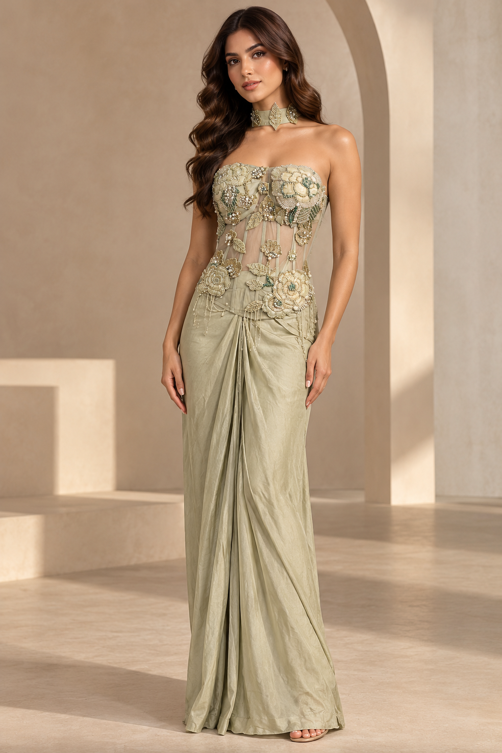 Beige Embellished Strapless Blouse with Floral Sequin Detailing and Draped Skirt & Choker Dupatta — Fusion wear | Lehar Clothing UAE