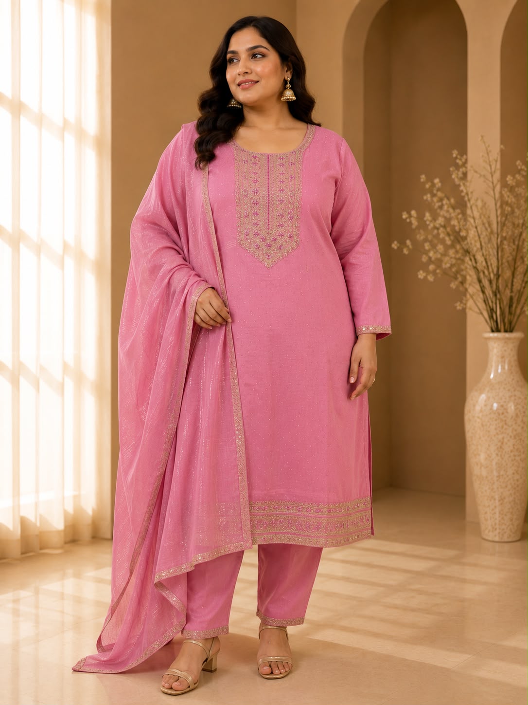 Women's Pink 3-Piece Embroidered Kurta and Pant Set with Dupatta — Kurta Sets — view 2 | Lehar Clothing UAE