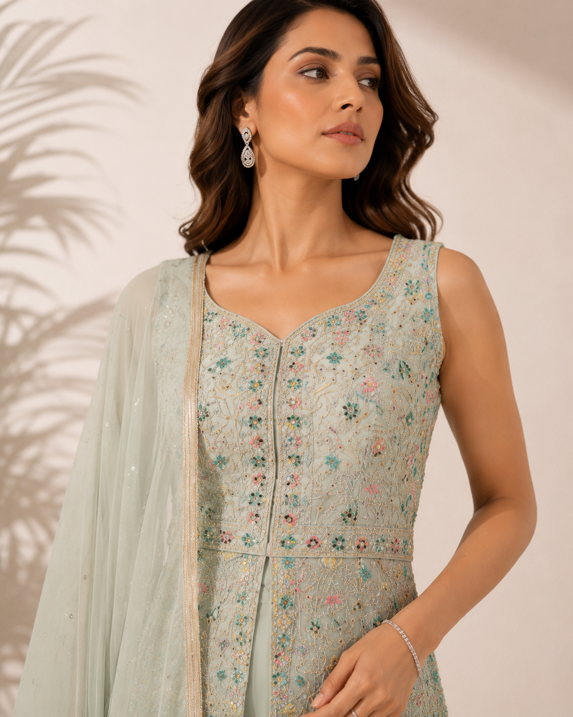 3-Piece Pastel Green Floral Embellished Sleeveless Sharara Set — Sharara Set — view 3 | Lehar Clothing UAE