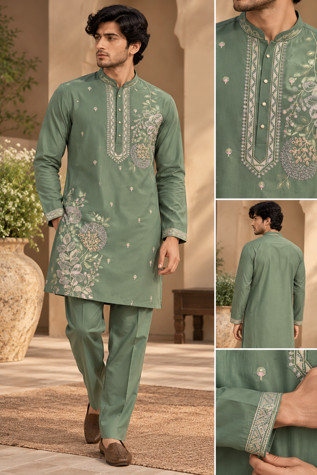 Sage Green Embroidered Kurta Set for Men with Matching Trousers — Kurta Sets — view 2 | Lehar Clothing UAE