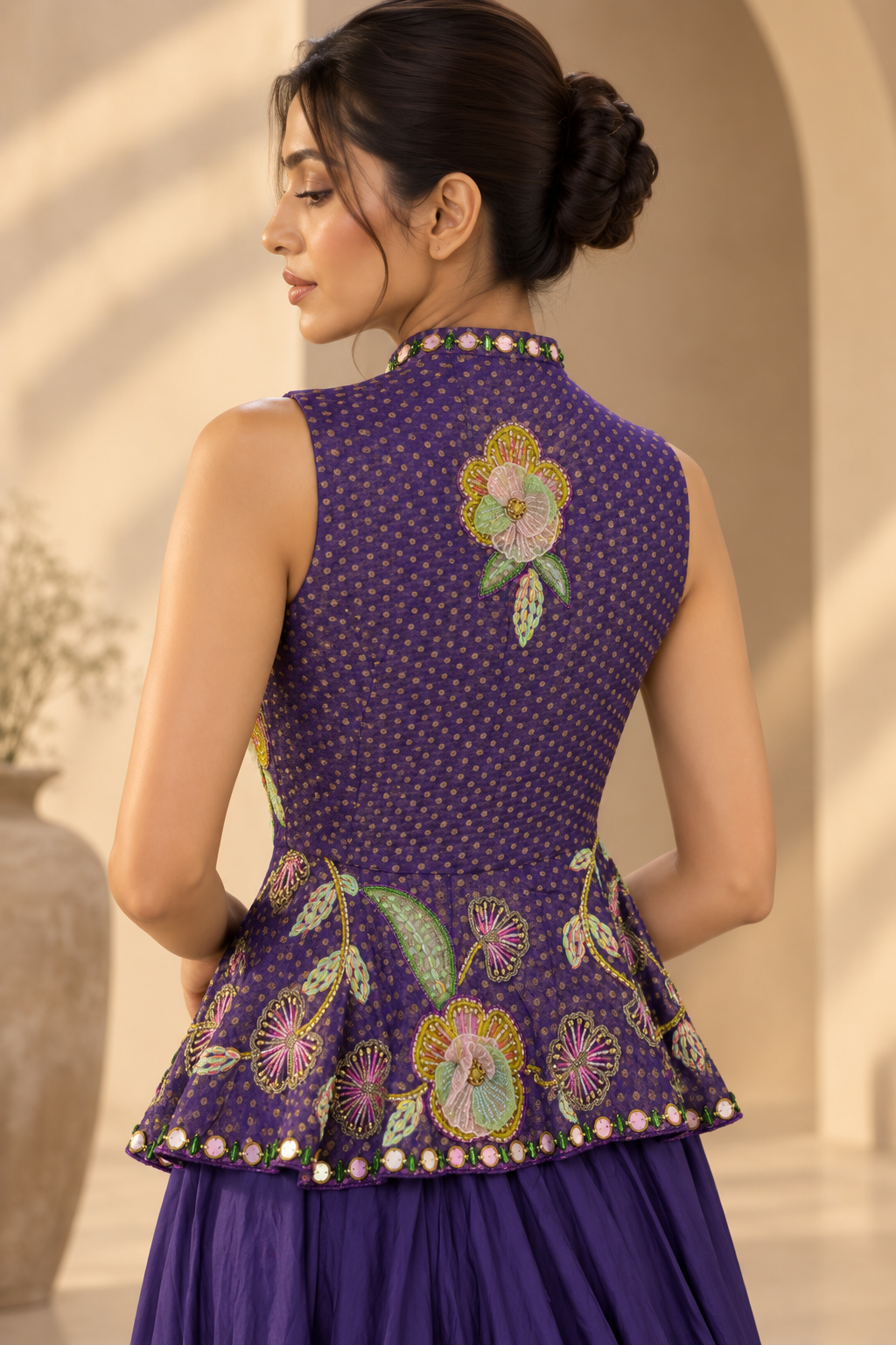 Purple Floral Embroidered Peplum Jacket with Draped Skirt Indo-Western Set — Fusion wear — view 2 | Lehar Clothing UAE