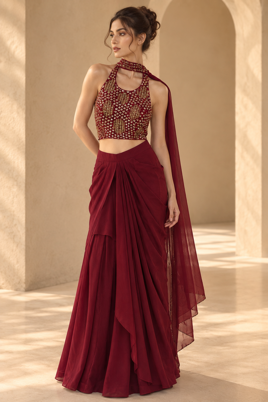 Women’s Maroon Embellished Halter Crop Top with Tulip Skirt & Dupatta 3-Piece Set — Fusion wear | Lehar Clothing UAE