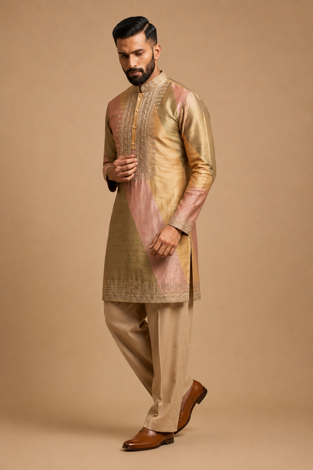 Green Beige Embroidered Silk Kurta Set with Straight Fit Trousers — Kurta Sets — view 2 | Lehar Clothing UAE