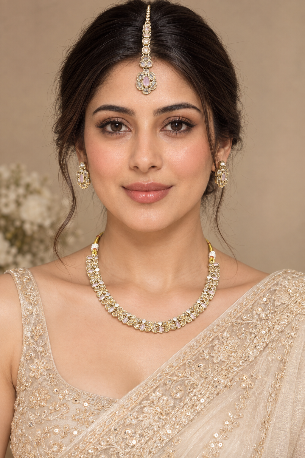 Blush Pink Floral Kundan Necklace Set with Earrings & Maang Tikka – Indian Bridal Jewelry — Jewellery — view 2 | Lehar Clothing UAE