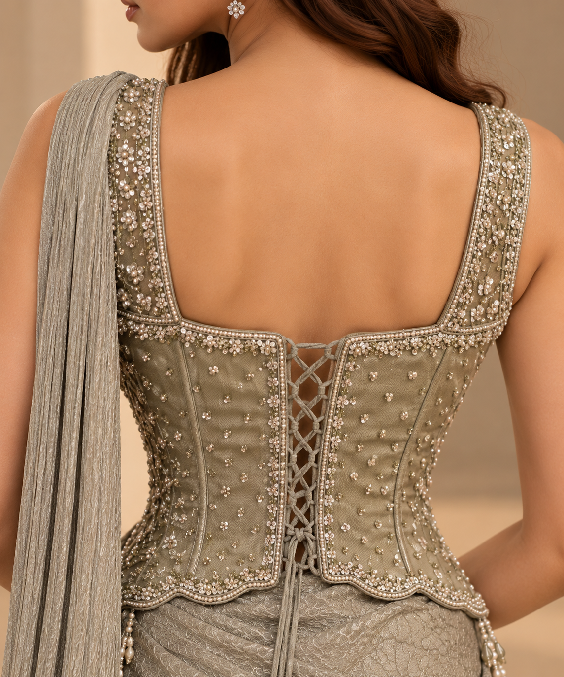 Grey Pearl & Sequin Embellished Corset Blouse with Lace-Up Back and Draped Skirt Saree Set — Fusion wear — view 3 | Lehar Clothing UAE